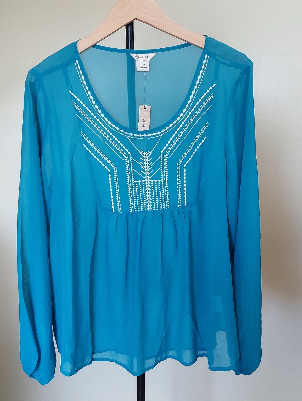 NWT ARIAT Women's Teal/Blue Chiffon Scoop Neck Tunic Blouse Top Sz L Semi-sheer